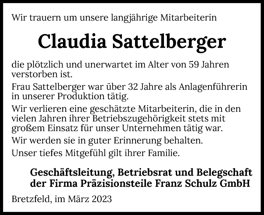 Traueranzeige für Claudia Sattelberger vom 28.03.2023 aus GESAMT