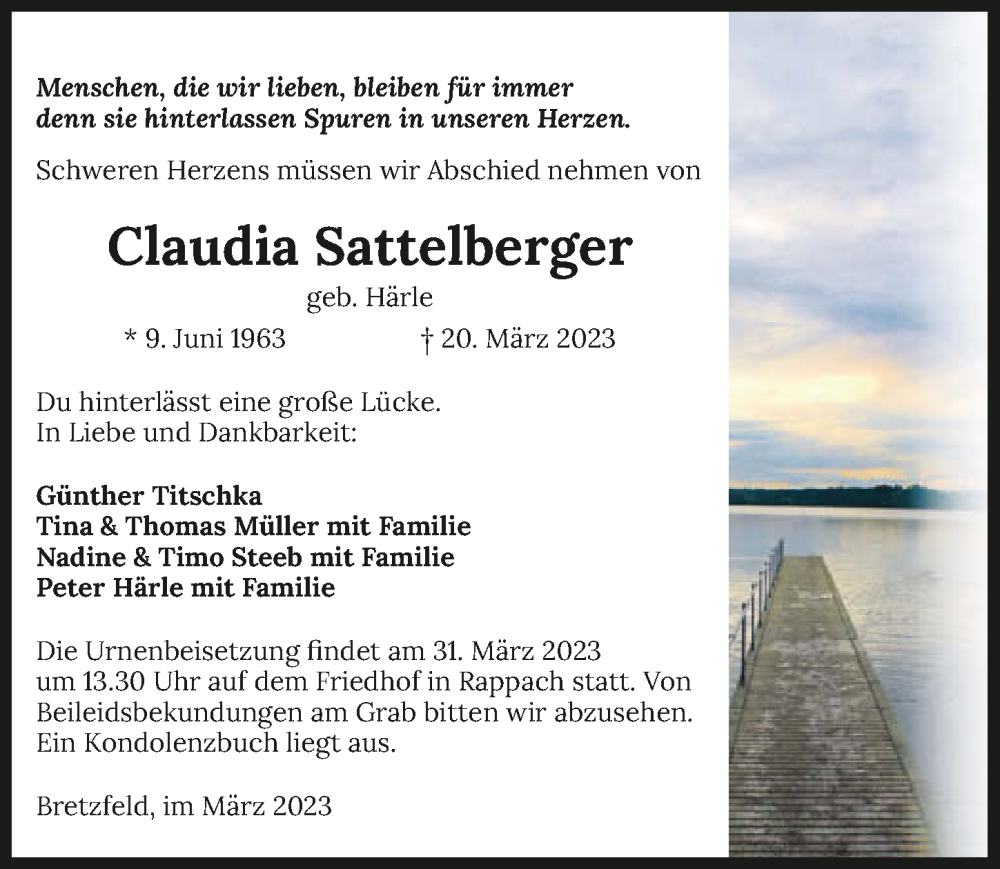  Traueranzeige für Claudia Sattelberger vom 27.03.2023 aus GESAMT