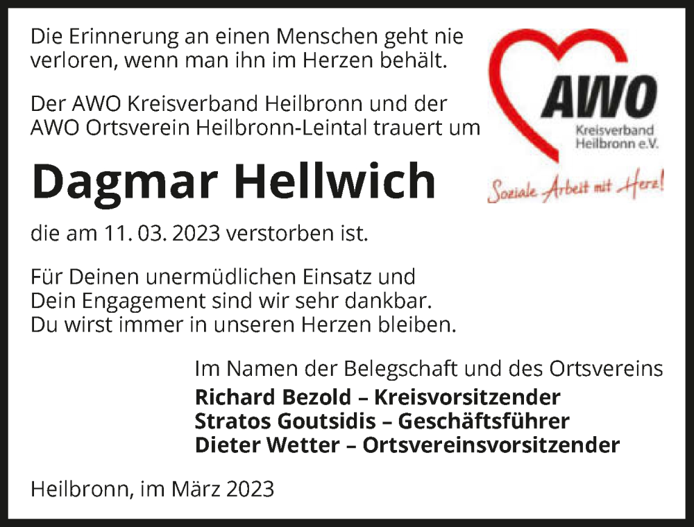 Traueranzeige für Dagmar Hellwich vom 18.03.2023 aus GESAMT