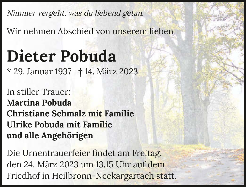  Traueranzeige für Dieter Pobuda vom 18.03.2023 aus GESAMT