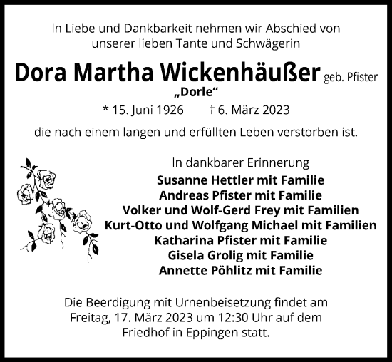 Traueranzeige von Dora Martha Wickenhäußer von GESAMT