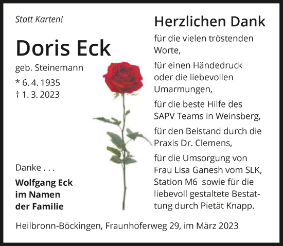 Traueranzeige von Doris Eck von GESAMT