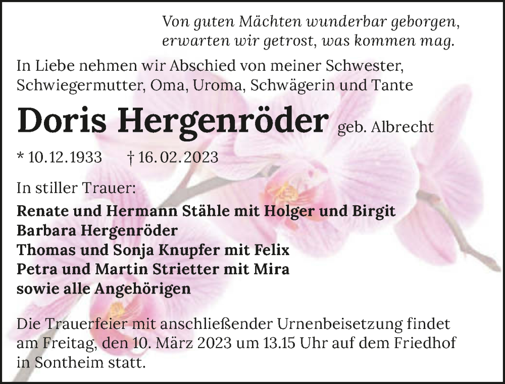  Traueranzeige für Doris Hergenröder vom 04.03.2023 aus GESAMT