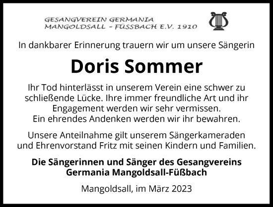 Traueranzeige von Doris Sommer von GESAMT