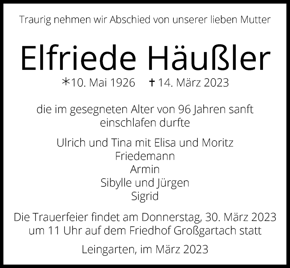  Traueranzeige für Elfriede Häußler vom 18.03.2023 aus GESAMT