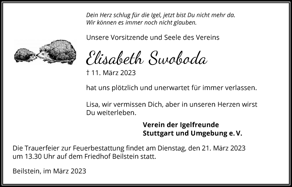  Traueranzeige für Elisabeth Swoboda vom 18.03.2023 aus GESAMT