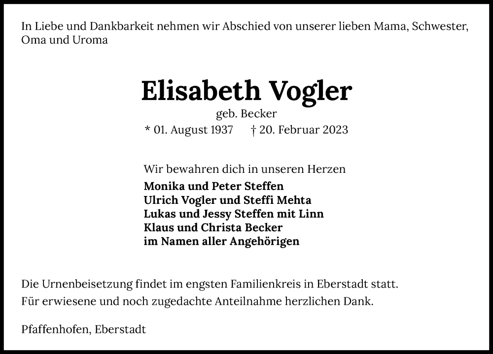  Traueranzeige für Elisabeth Vogler vom 11.03.2023 aus GESAMT