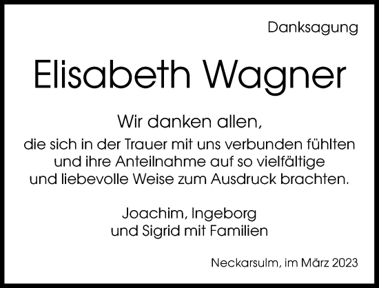 Traueranzeige von Elisabeth Wagner von GESAMT