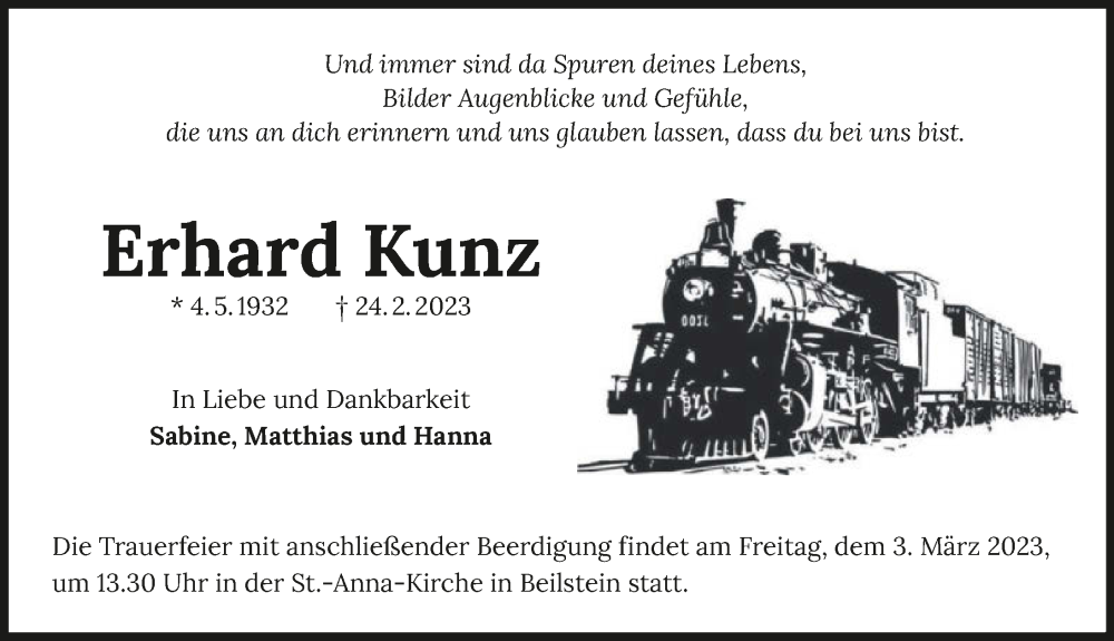  Traueranzeige für Erhard Kunz vom 01.03.2023 aus GESAMT