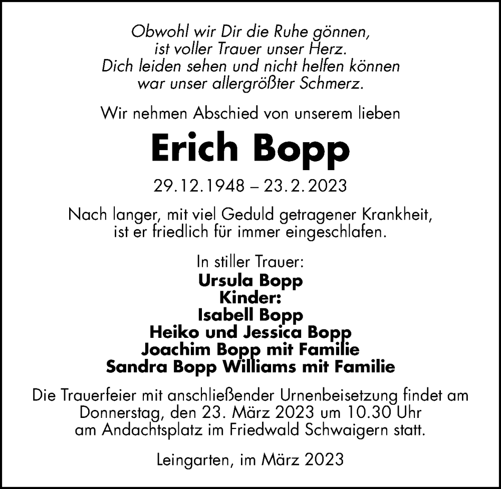  Traueranzeige für Erich Bopp vom 18.03.2023 aus GESAMT
