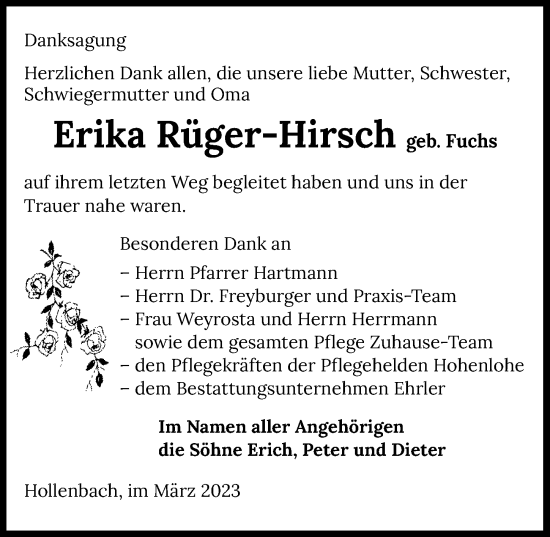 Traueranzeige von Erika Rüger-Hirsch von GESAMT