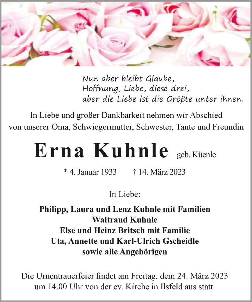  Traueranzeige für Erna Kuhnle vom 18.03.2023 aus GESAMT