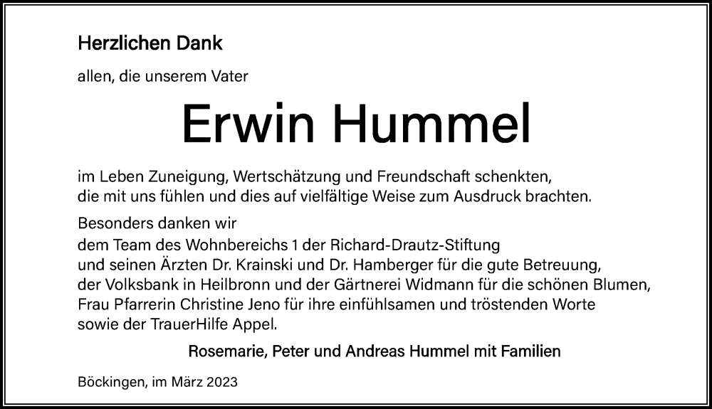  Traueranzeige für Erwin Hummel vom 18.03.2023 aus GESAMT
