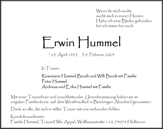Traueranzeige von Erwin Hummel von GESAMT