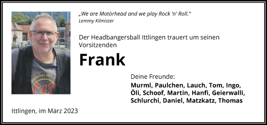 Traueranzeige von Frank  von GESAMT