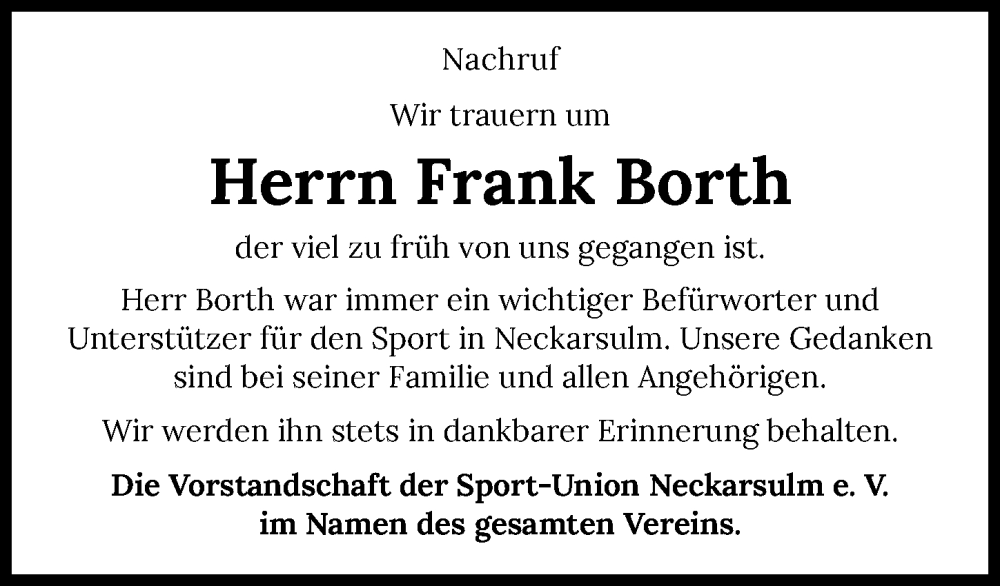 Traueranzeige für Frank Borth vom 08.03.2023 aus GESAMT