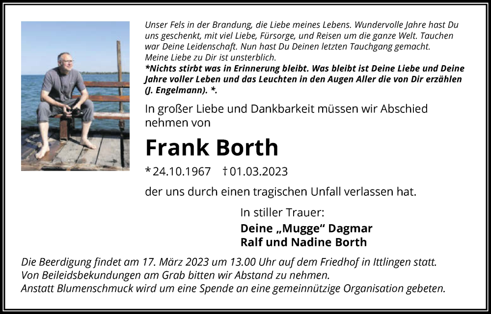  Traueranzeige für Frank Borth vom 08.03.2023 aus GESAMT