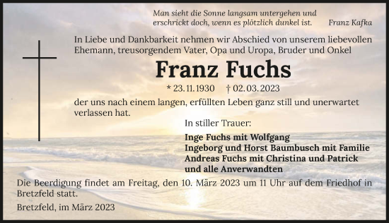 Traueranzeige von Franz Fuchs von GESAMT