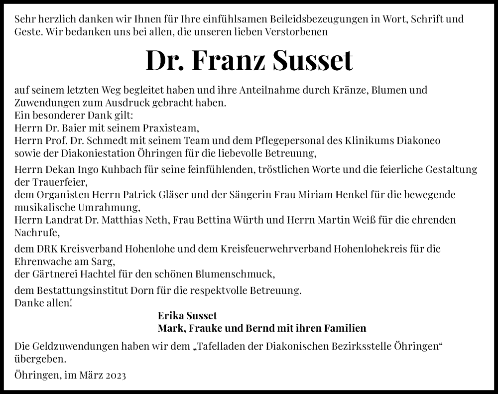  Traueranzeige für Franz Susset vom 04.03.2023 aus GESAMT