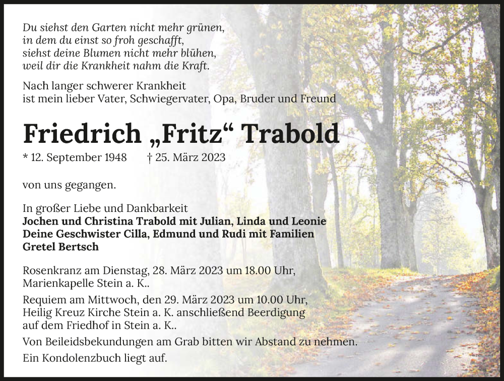 Traueranzeige für Friedrich Trabold vom 28.03.2023 aus GESAMT