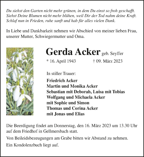 Traueranzeige von Gerda Acker von GESAMT