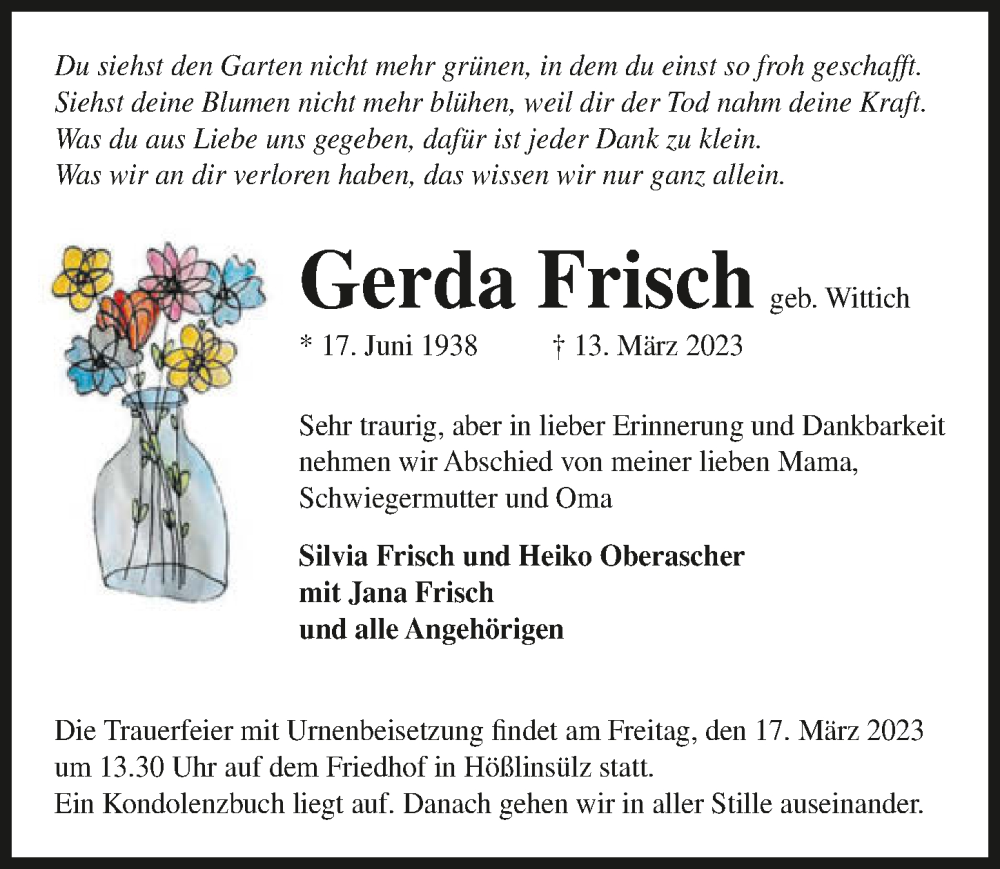  Traueranzeige für Gerda Frisch vom 14.03.2023 aus GESAMT