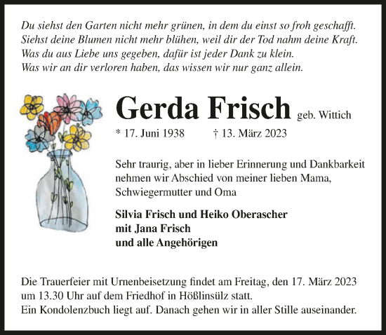 Traueranzeige von Gerda Frisch von GESAMT