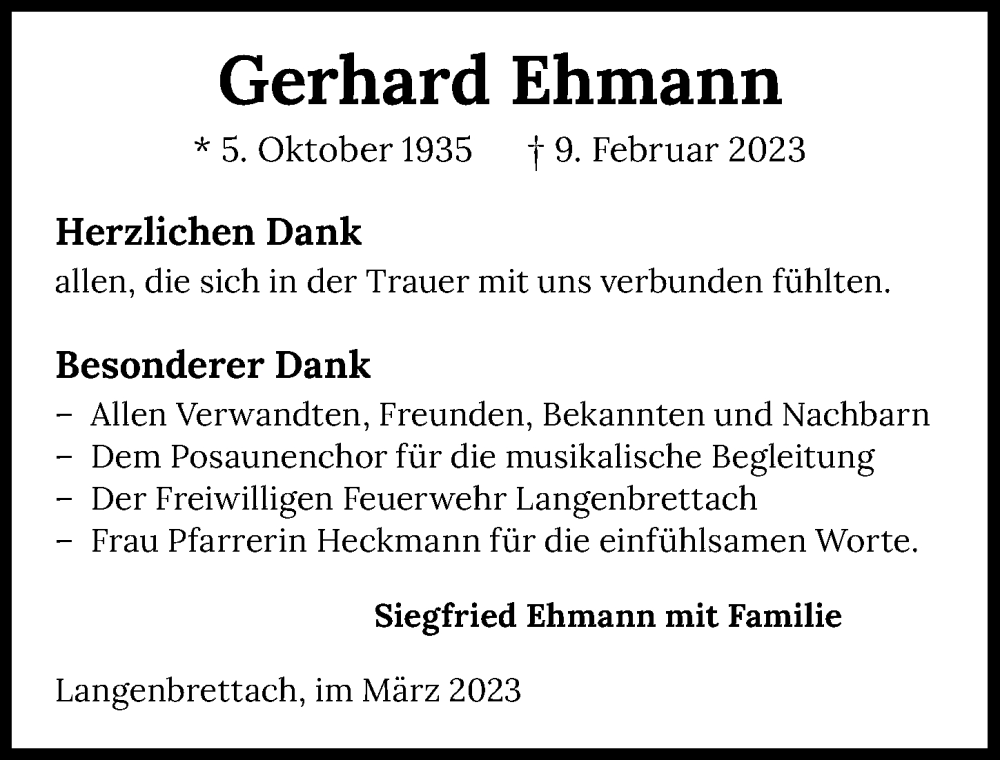  Traueranzeige für Gerhard Ehmann vom 04.03.2023 aus GESAMT