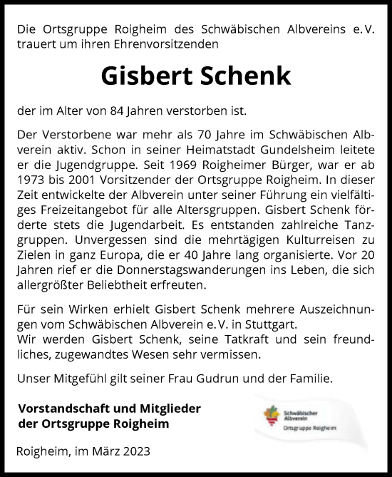 Traueranzeige von Gisbert Schenk von GESAMT