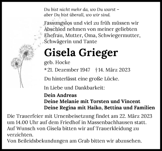 Traueranzeige von Gisela Grieger von GESAMT