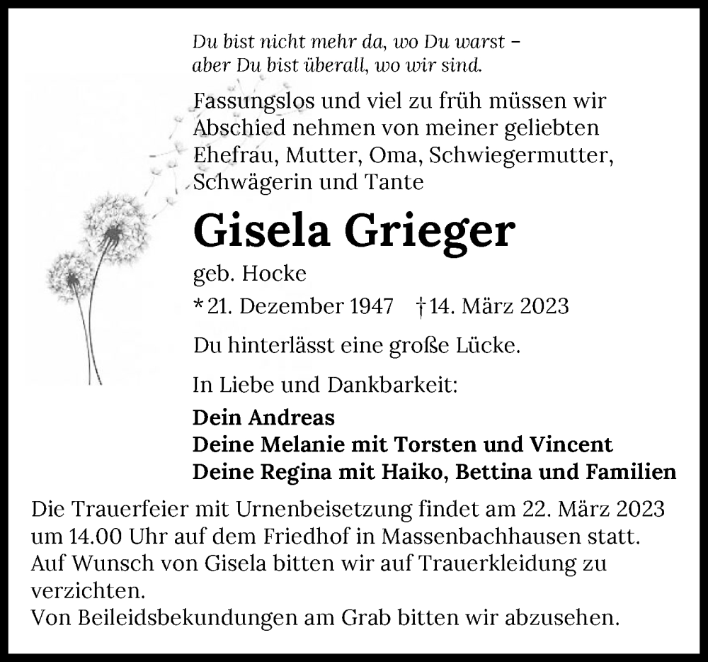  Traueranzeige für Gisela Grieger vom 18.03.2023 aus GESAMT