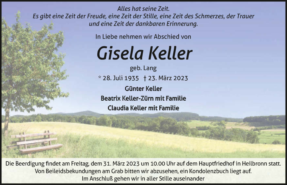  Traueranzeige für Gisela Keller vom 25.03.2023 aus GESAMT