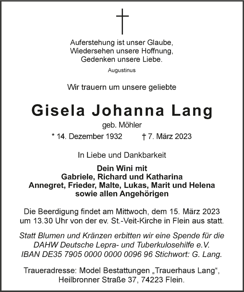  Traueranzeige für Gisela Johanna Lang vom 11.03.2023 aus GESAMT