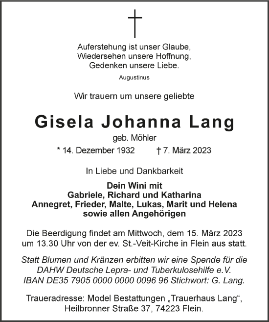 Traueranzeige von Gisela Johanna Lang von GESAMT