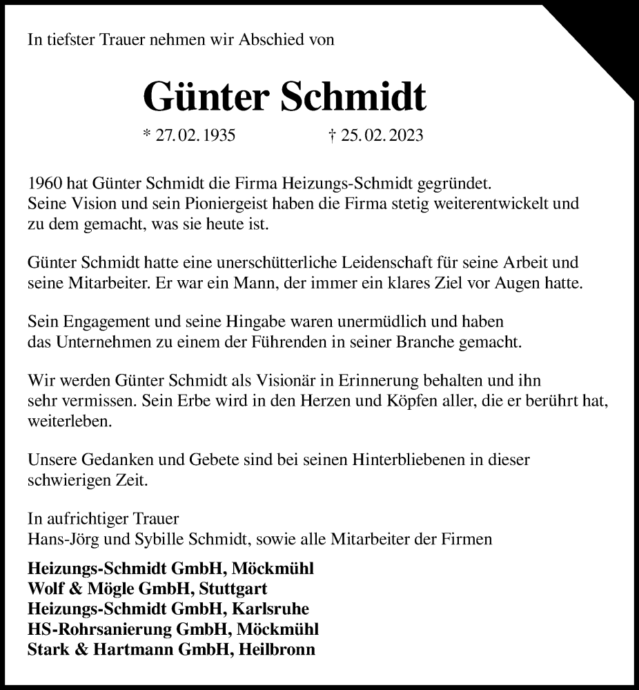  Traueranzeige für Günter Schmidt vom 04.03.2023 aus GESAMT