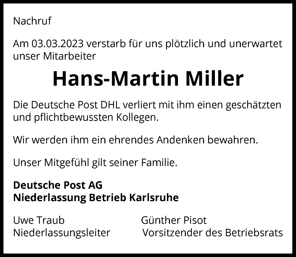  Traueranzeige für Hans-Martin Miller vom 11.03.2023 aus GESAMT