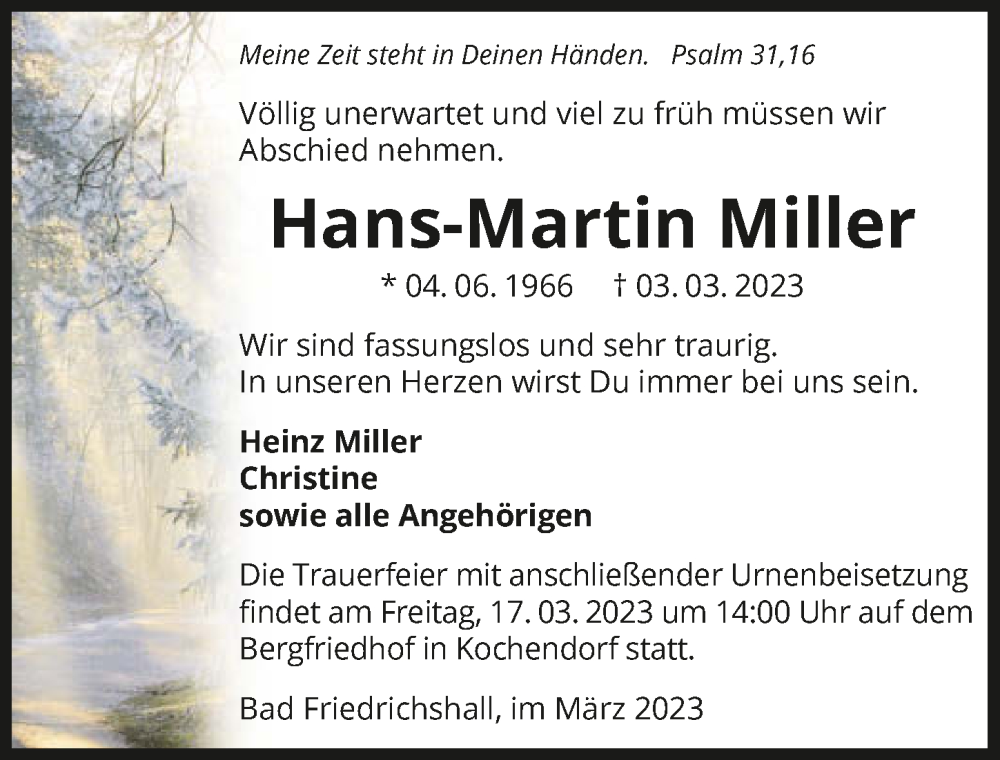  Traueranzeige für Hans-Martin Miller vom 11.03.2023 aus GESAMT