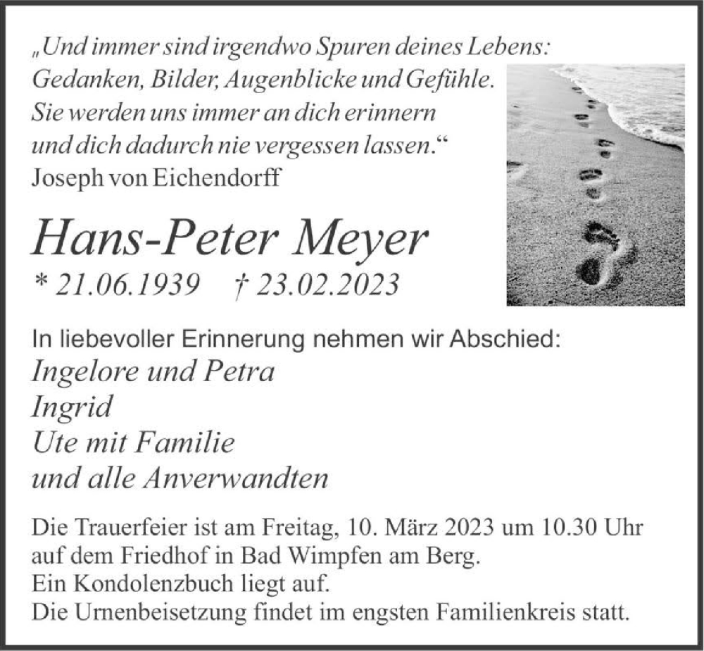  Traueranzeige für Hans-Peter Meyer vom 04.03.2023 aus GESAMT