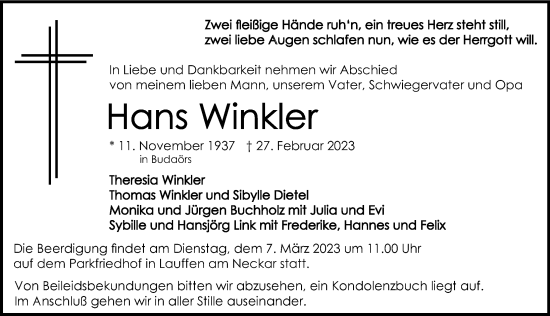 Traueranzeige von Johann Winkler von GESAMT