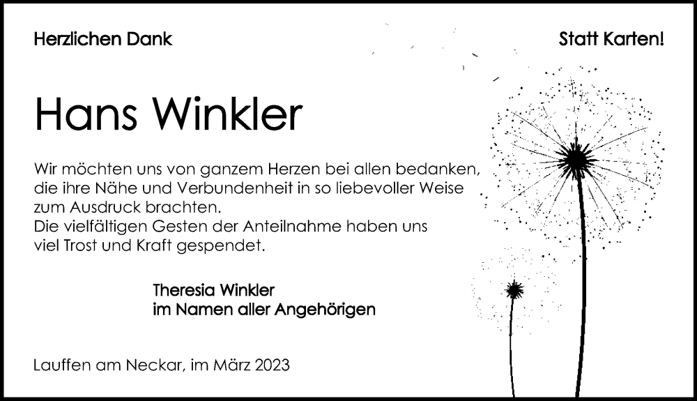  Traueranzeige für Hans Winkler vom 18.03.2023 aus GESAMT