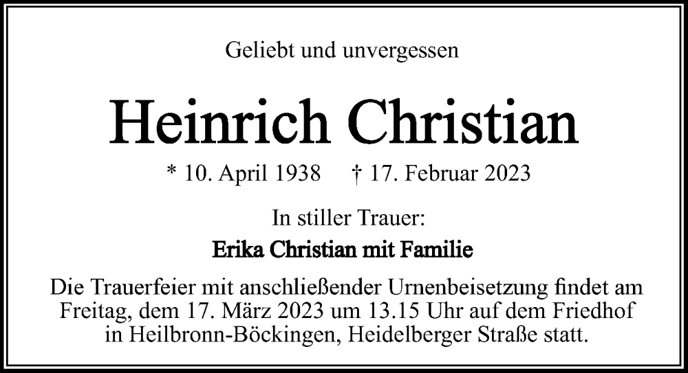  Traueranzeige für Heinrich Christian vom 11.03.2023 aus GESAMT