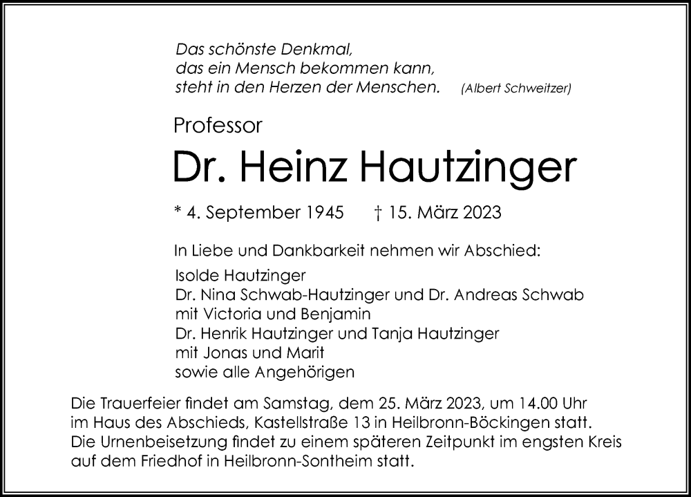  Traueranzeige für Heinz Hautzinger vom 18.03.2023 aus GESAMT