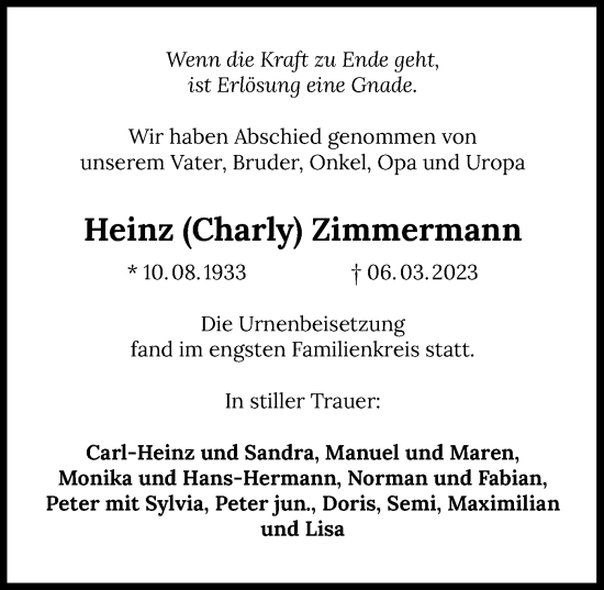 Traueranzeige von Heinz Zimmermann von GESAMT