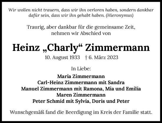 Traueranzeige von Heinz Zimmermann von GESAMT