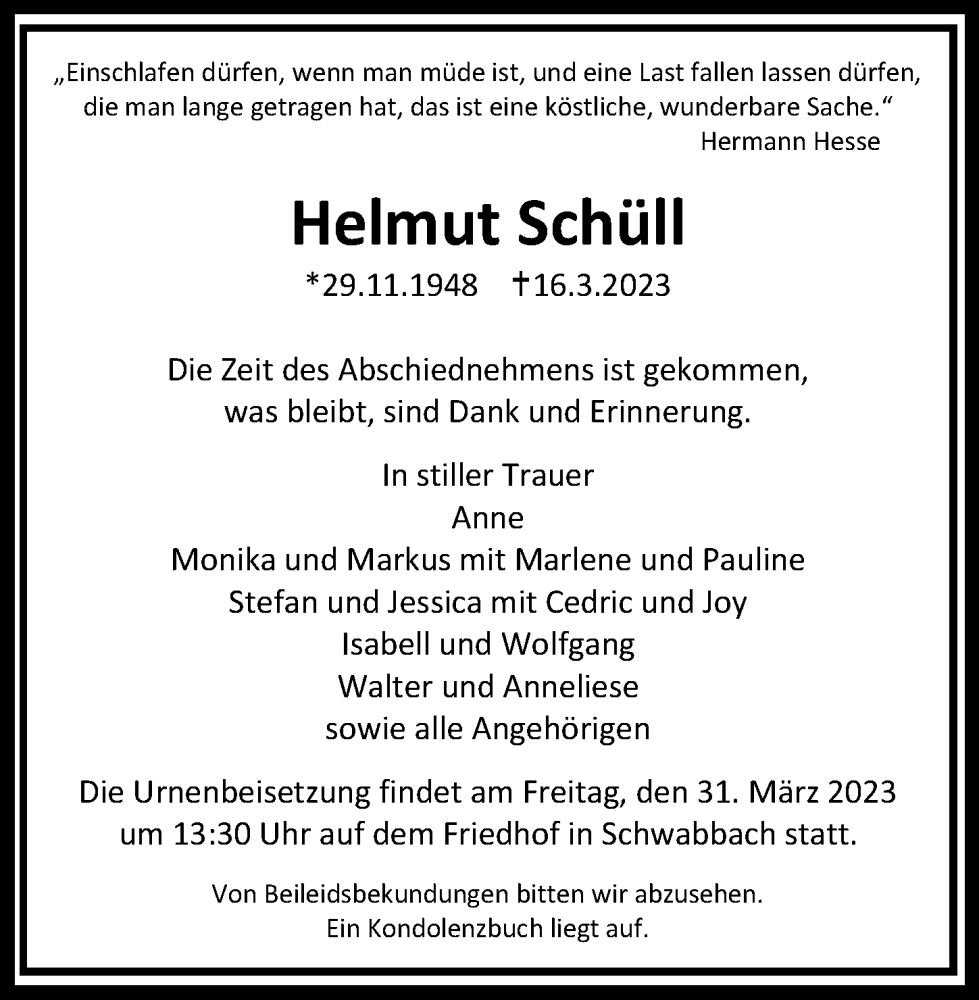  Traueranzeige für Helmut Schüll vom 28.03.2023 aus GESAMT