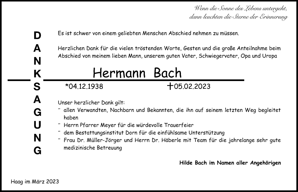  Traueranzeige für Hermann Bach vom 03.03.2023 aus GESAMT
