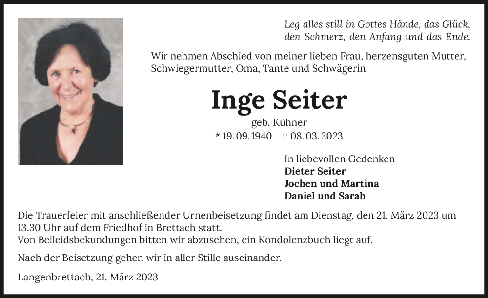  Traueranzeige für Inge Seiter vom 17.03.2023 aus GESAMT
