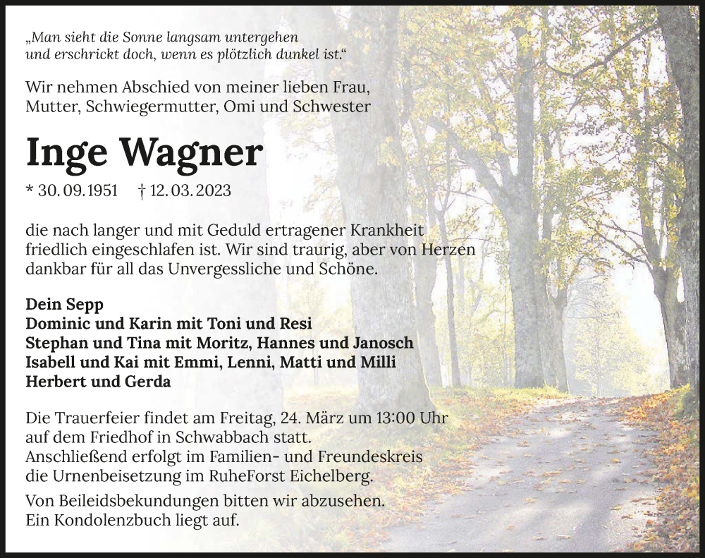  Traueranzeige für Inge Wagner vom 22.03.2023 aus GESAMT