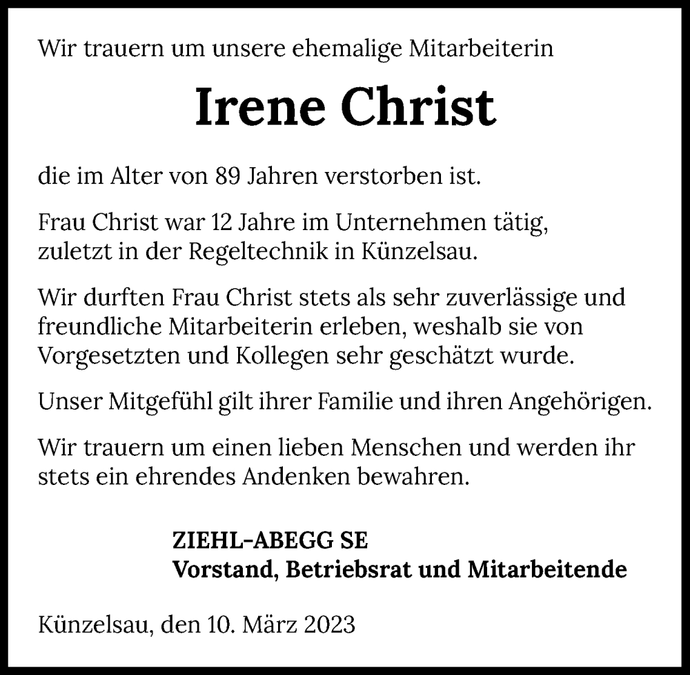  Traueranzeige für Irene Christ vom 11.03.2023 aus GESAMT