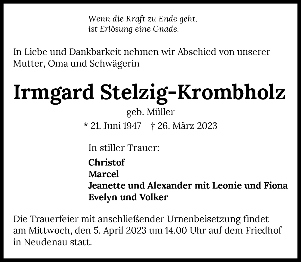  Traueranzeige für Irmgard Stelzig-Krombholz vom 30.03.2023 aus GESAMT
